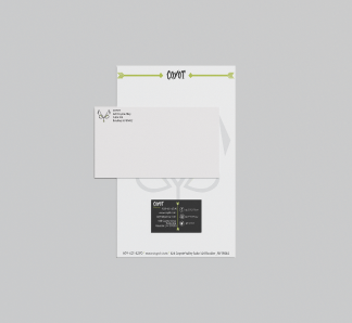 Business Package Mock up for a brand called Coyot. The brand is a beer company with a coyote like logo made out of the word Coyot.